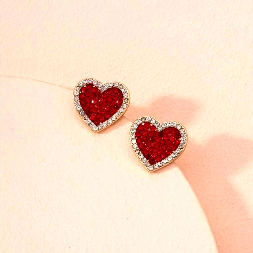 Rhinestone Earrings Hearts Heart Diamond Earrings Textured Ends Red Pave NEW…